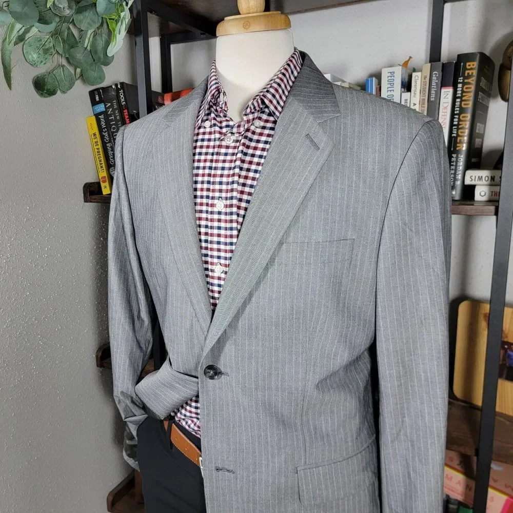 Express Men's Sport Coat Blazer Two Button Gray Striped Polyester Blend Size 42L